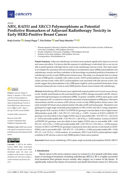 PDF NBN RAD51 And XRCC3 Polymorphisms As Potential Predictive