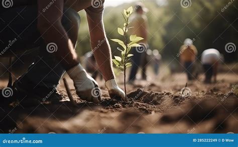 People Planting Trees Or Working In Community Garden Close Up Stock