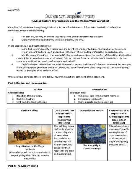 Hum 100 6 3 Realism Impressionism And The Modern World Worksheet