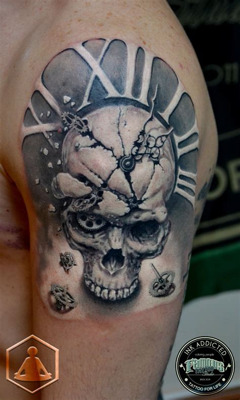 A Man S Arm With A Clock And Skull Tattoo On It