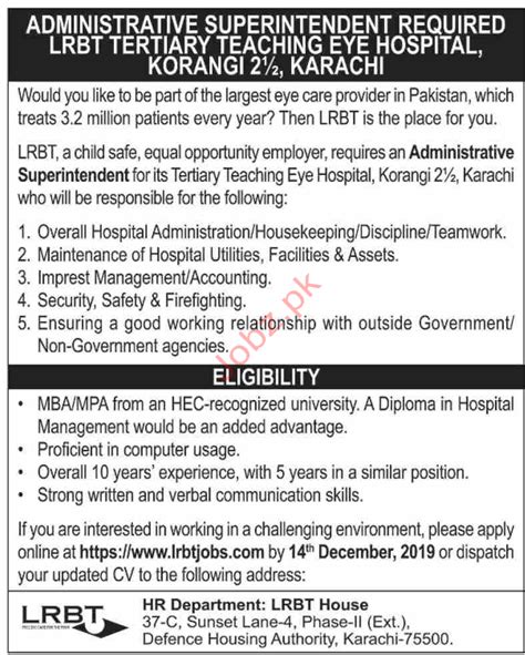 Lrbt Eye Hospital Karachi Jobs Job Advertisement Pakistan