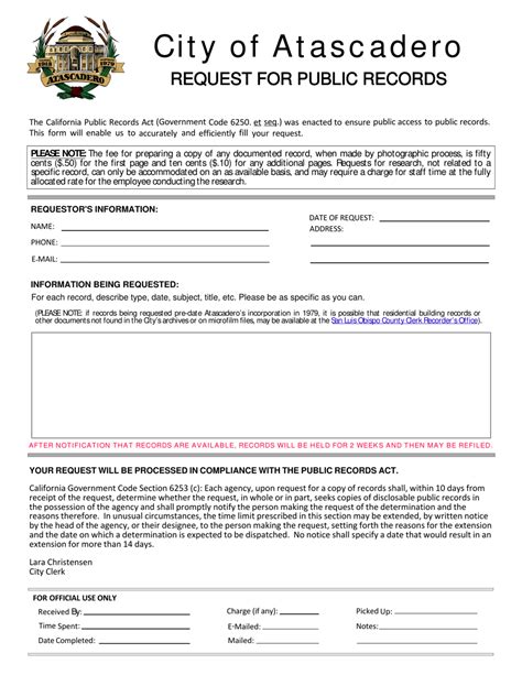 City Of Atascadero California Request For Public Records Fill Out