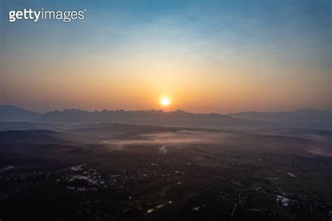 Aerial View Of Majestic Sunset Or Sunrise Landscape Amazing Light Of