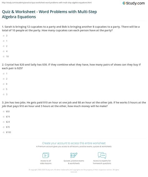 Quiz Worksheet Word Problems With Multi Step Algebra Equations