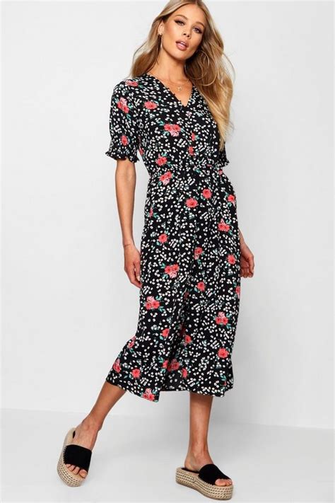 Ditsy Floral Button Midi Tea Dress Boohoo