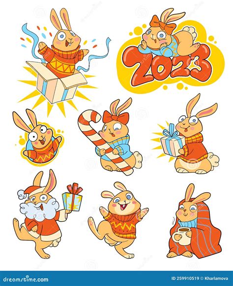 Group of Rabbits Celebrating New Year. Colorful Cartoon Characters