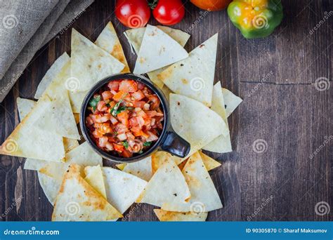 Hot Mexican Salsa Spicy Dip With Nachos Chips From Corn Stock Photo