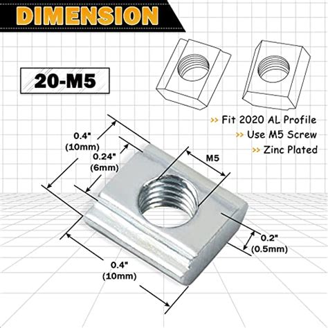 KOOTANS 100pcs 2020 Series M5 Sliding T Nuts Metric M5 Thread Slide In