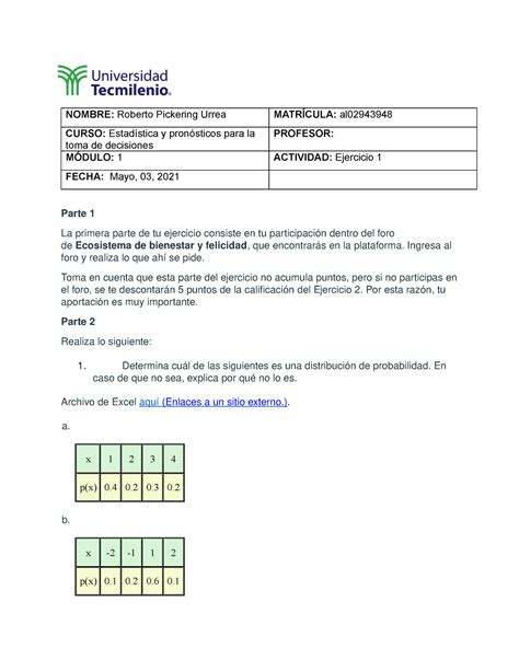 Ejercisio 1 Estadística y pronósticos para la toma de decisiones