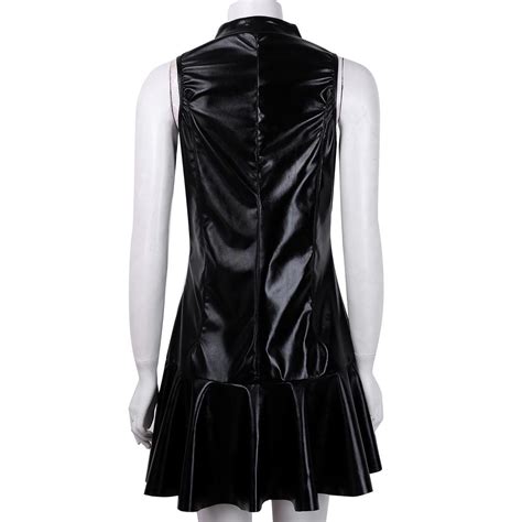 Buy Women Sexy Pu Leather Mini Dress Zipper Front Faux Leather Lingerie