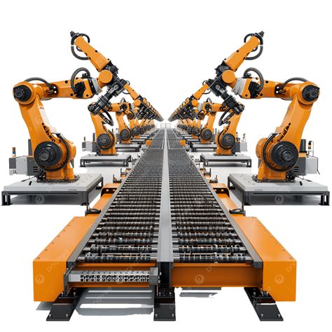 Front View Of Industrial Production Line With Automated Robots