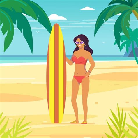 Mujer Con Tabla De Surf En Playa Tropical Vector Premium