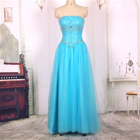 Al Ine Strapless Long Beaded Tulle Light Blue Prom Dresses Gowns