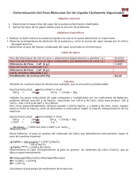 Informe Lab No 4 Quimica Determinacion Del Peso Molecular De Un Liquido Facilmente Vaporizable