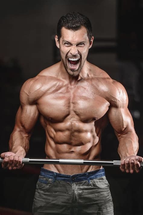 Handsome Muscular Bodybuilder Man Doing Exercises In Gym Stock Image