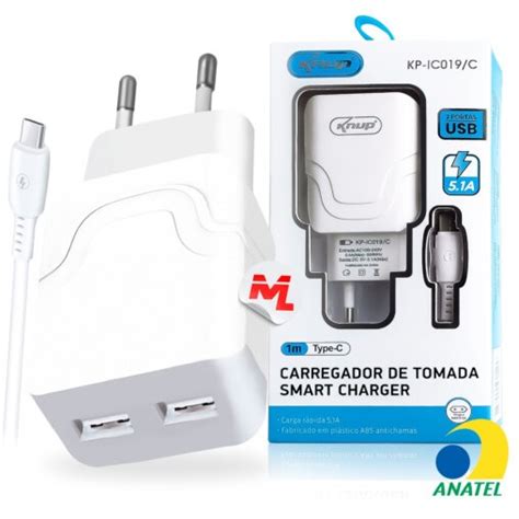 Carregador De Celular 5 1A 2 Portas Usb E Cabo Tipo C 1M KNUP KP