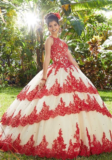 Crystal Beaded Lace Appliqués On A Tiered Tulle Ballgown With Lace