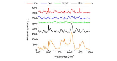 Measured Mean Raman Spectra Of Skin Subcutaneous Fat Tissue Nevus And