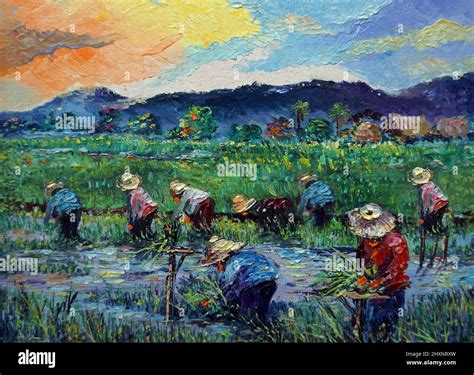 Art Oil Painting Fine Art Hut Thailand Countryside Thai Land Grow Rice Transplant Rice