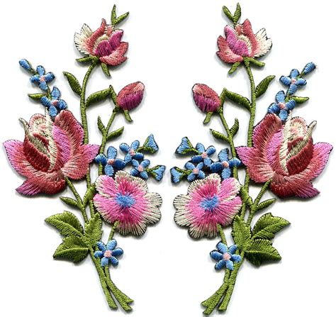 Mauve Pink Roses Pair Flowers Embroidered Appliques Iron On Patches S