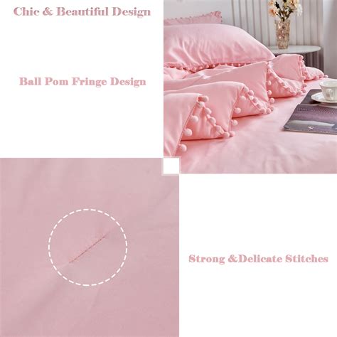 Rynghipy Pink Full Size Comforter Set Pom Fringe 3 Pcs Boho Chic Cute Ball Pom Blush Bedding Set