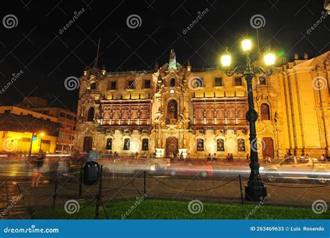 The Archbishop Palace Of Lima At Night Located On The Plaza Mayor Of