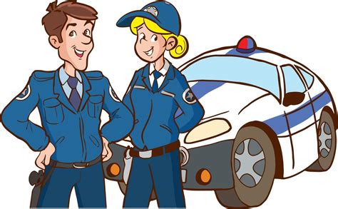 Female And Male Police Officer And Police Car Cartoon Vector