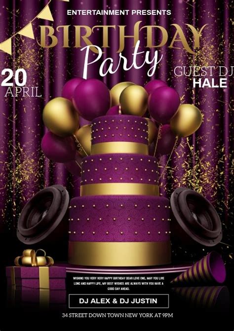 A Purple And Gold Birthday Party Flyer With Balloons Cake And Presents