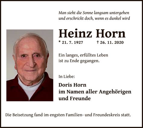 Traueranzeigen Von Heinz Horn Trauer Op Online De