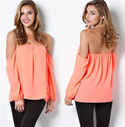 Sexy Coral Off The Shoulder Boho Peasant Long Sleeve Elastic Cuff Top