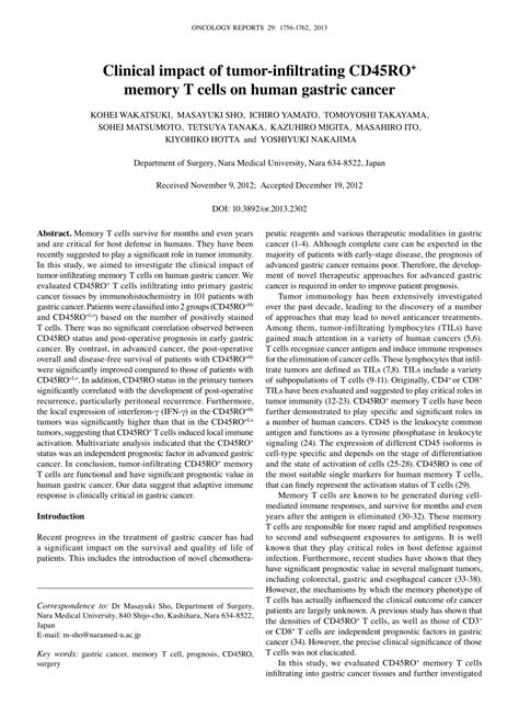 (PDF) Clinical impact of tumor-infiltrating CD45RO(+) memory T cells on human gastric cancer