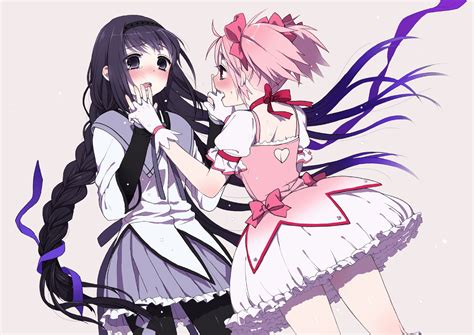 2girls Akemi Homura Black Hair Blush Bow Braids Choker Dress Gloves Headband Kaname Madoka Mahou