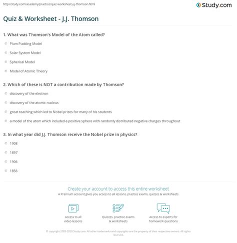 Quiz & Worksheet - J.J. Thomson | Study.com