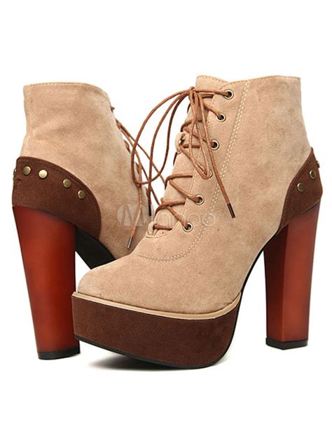 Botines De Tacón Grueso De Chic Plataforma Cordones Nubuck Mujer