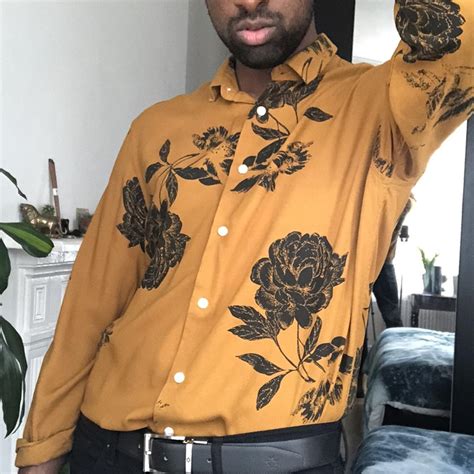 Asos Design Regular Fit Floral Shirt In Mustard Depop