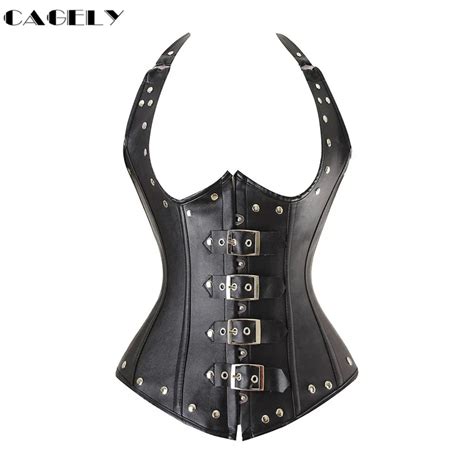 Steel Boned Waist Trainer Cincher Faux Leather Underbust Corset Halter