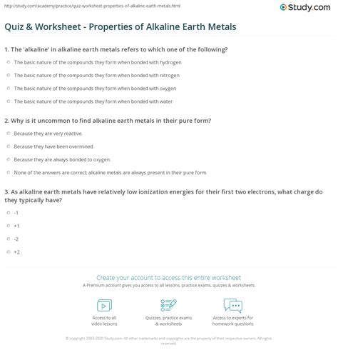 Quiz & Worksheet - Properties of Alkaline Earth Metals | Study.com