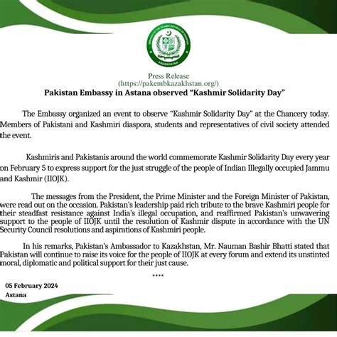 Pakistan Embassy In Astana Observed Kashmir Solidarity Day Pak