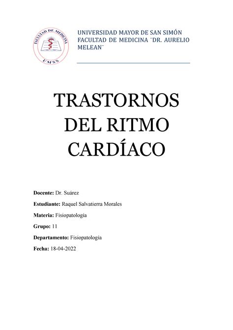 Trastornos del ritmo cardíaco Fisiopatología UMSS Studocu