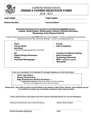 Fillable Online Gms Sd Bc Grade Course Selection Form Glenrosa