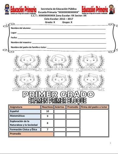 Examen Del Primer Grado Del Primer Bloque Del Ciclo Escolar