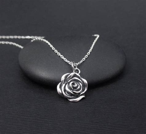 Rose Necklace Sterling Silver Rose Flower Necklace Rose Charm Etsy