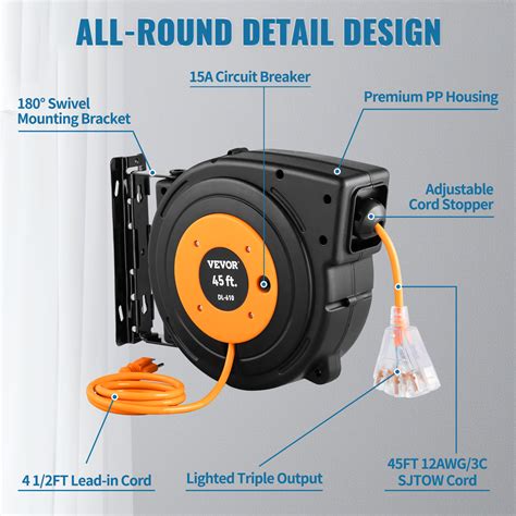 VEVOR Retractable Extension Reel Heavy Duty 12AWG 3C SJTOW Power Cord