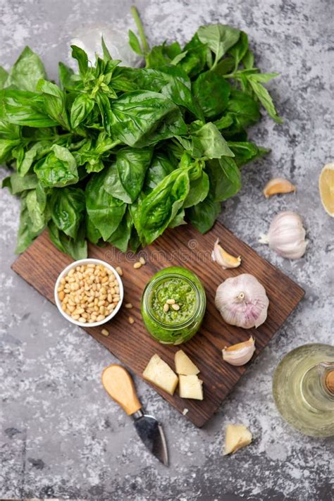 Pesto Sauce in a Bottle with Ingredients Stock Photo - Image of ...