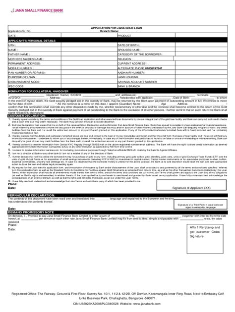 Fillable Online Application Form For Loan Overdraft Against Gold Fax