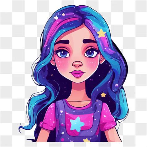 Descarga Niña de dibujos animados con cabello azul y estrellas para