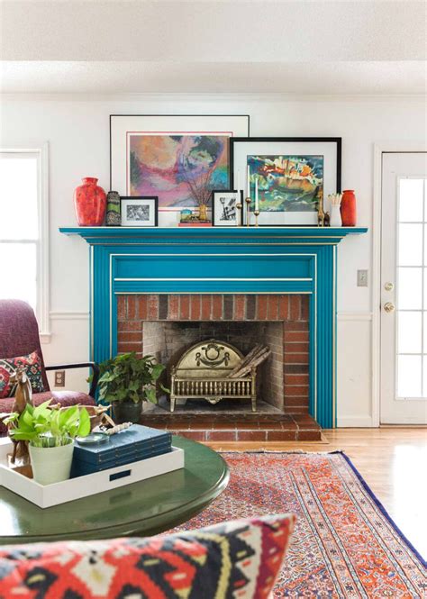 Teal Painted Mantel Fireplace Design Mid Century Modern Living Room