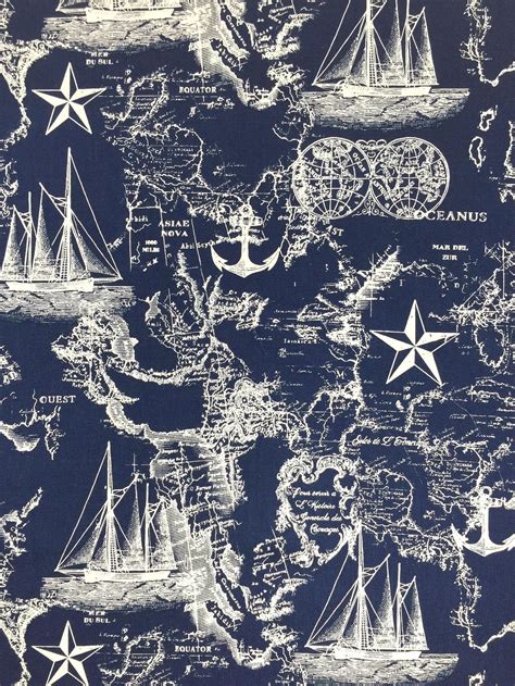 Navy Nautical Map Fabric Ships And Stars Fabric By The Yard Fat