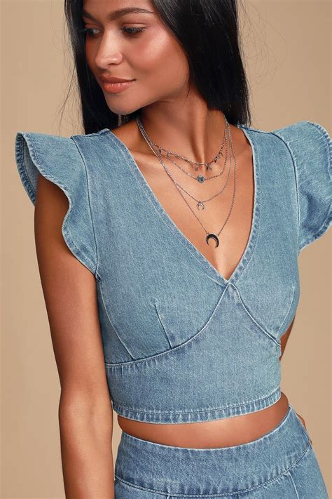 Veronica Medium Wash Denim Ruffled Crop Top Denim Crop Top Denim