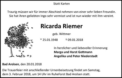 Traueranzeigen Von Ricarda Riemer Trauer Wlz Online De